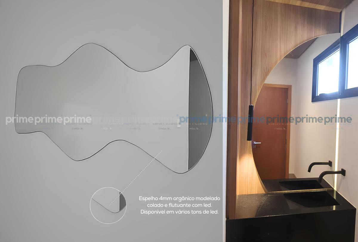 8 Espelho 4mm orgânico modelado colado e flutuante com led. Disponível em vários tons de led