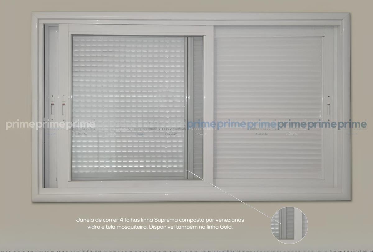 Janela de correr 4 folhas linha Suprema composta por venezianas vidro e tela mosquiteira. Disponível também na linha Gold