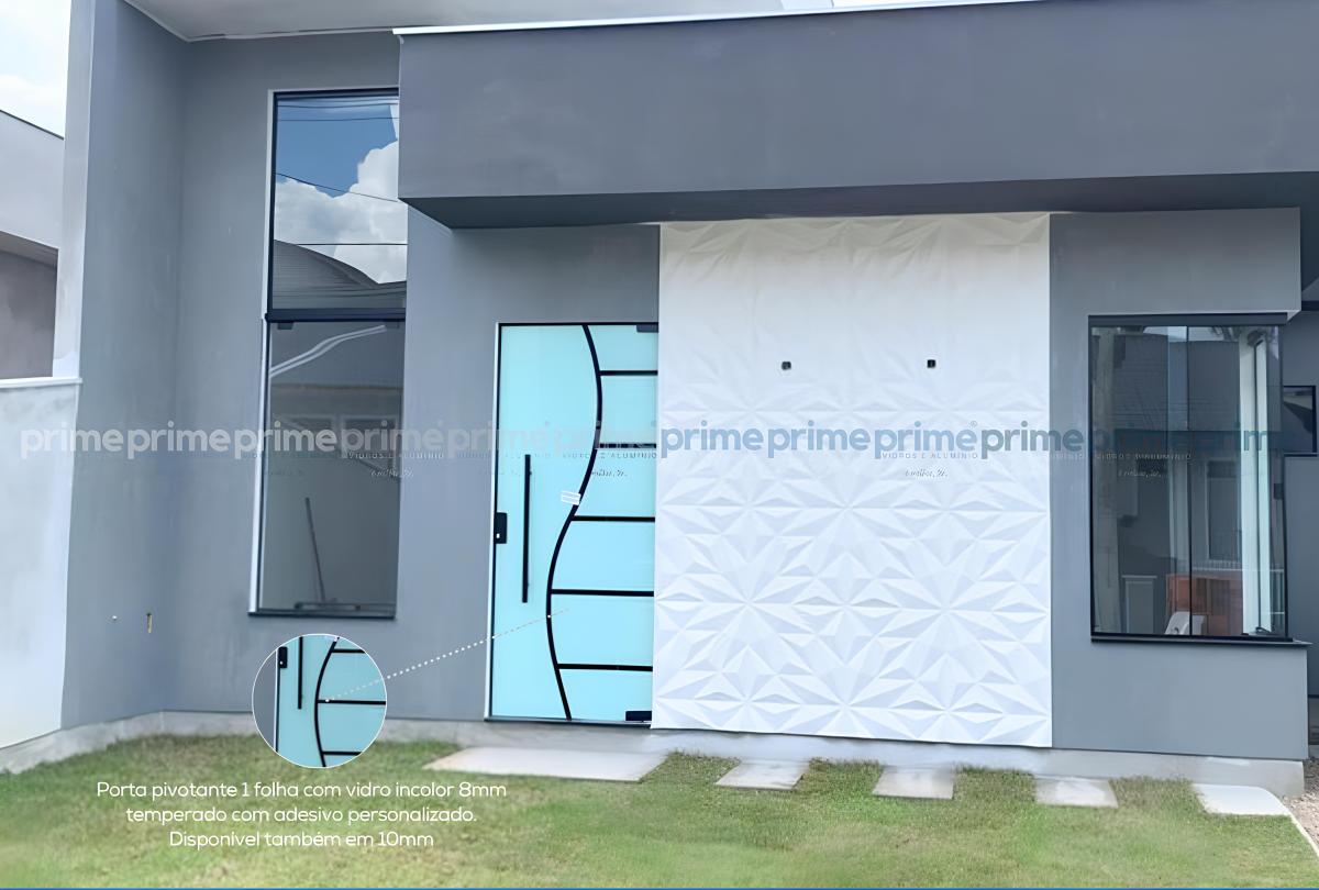 4 - Porta pivotante 1 folha com vidro incolor 8mm temperado com adesivo personalizado. Disponível também em 10mm